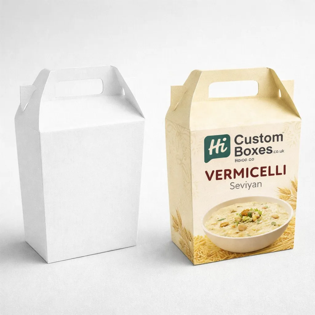 Cardboard vermicelli gift boxes with integrated handles available in plain white and bespoke printed food branding. class=
